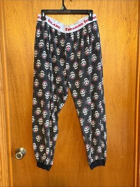 Unisex Black Pirate Skull Print Lounge Pajama Pants Treasure Island M-S W-M